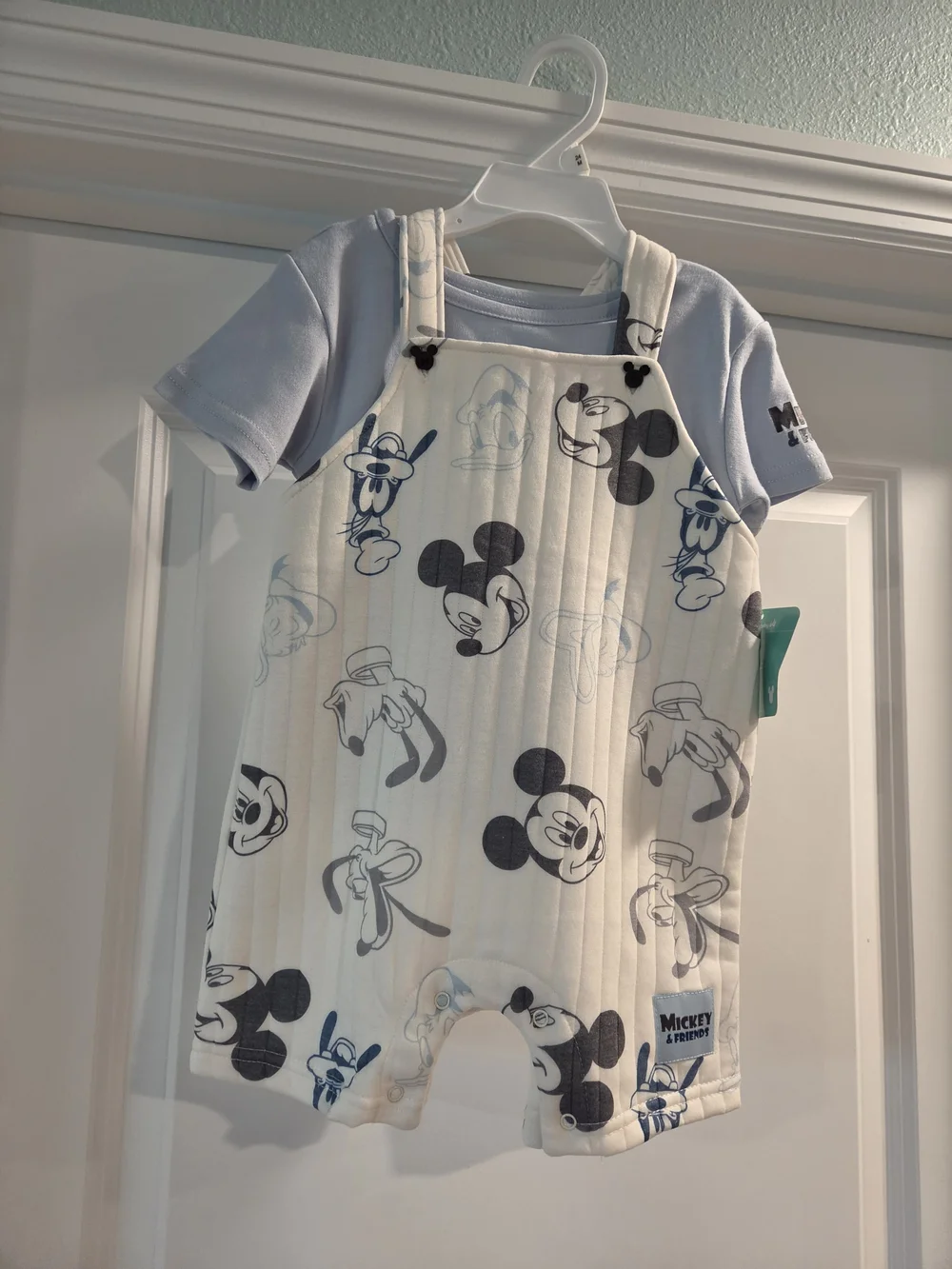 Disney Cream Quilted Mickey Overalls with Light Blue Tee Nwt 24m